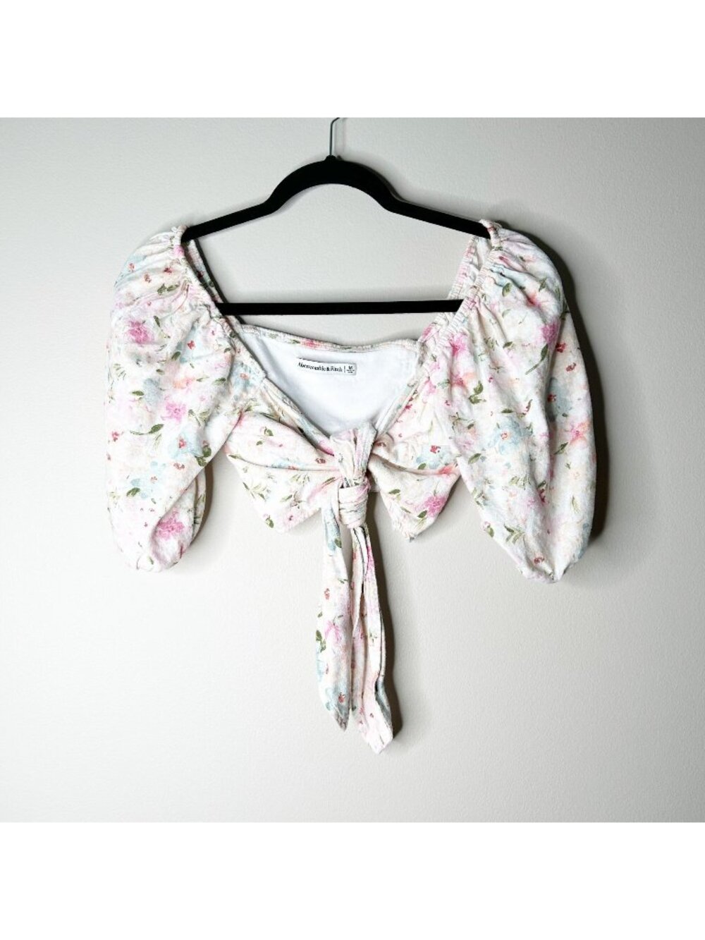 Abercrombie & Fitch White Floral Print Puff Sleeve Crop Top Women's Medium M
